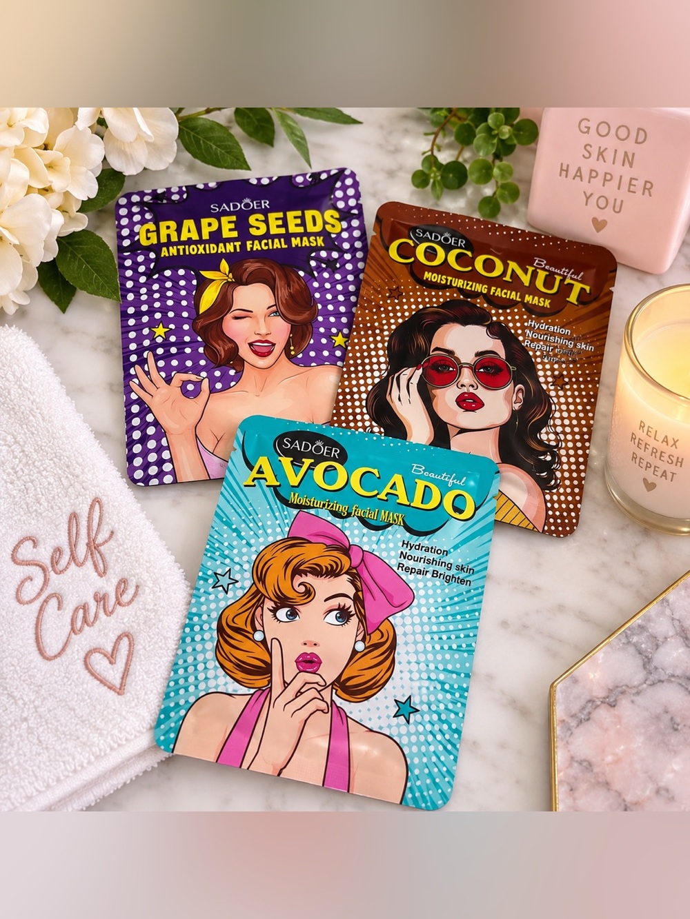 ✨ SADOER 3-Piece Facial Sheet Mask Set — Grape Seeds, Coconut & Avocado ✨